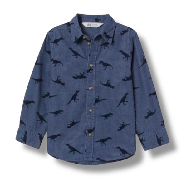 H&M Boys Corduroy Button Down Shirt 2-3Y Blue Dinosaur Print Long Sleeve Casual - Picture 1 of 7